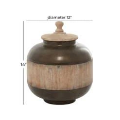 Decorative Bowls & Jars-Kirkland's Home Mahogany Wood And Metal Jar With Lid, 14 In. Brown/Tan