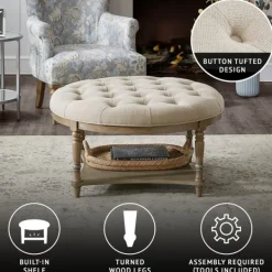 Benches & Ottomans-Kirkland's Home Martha Stewart Round Cream Ottoman With Shelf Ivory