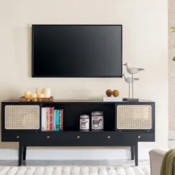Tv Stands & Media Consoles-Kirkland's Home Matilda Midcentury Woven Cane Media Cabinet Black