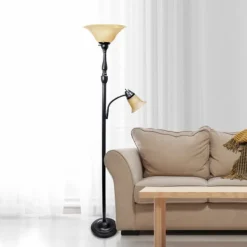 Floor Lamps-Kirkland's Home Matte Bronze And Amber Reading Arm Torchiere Tan