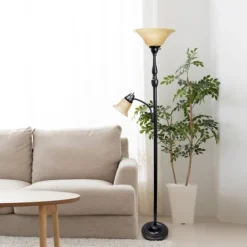 Floor Lamps-Kirkland's Home Matte Bronze And Amber Reading Arm Torchiere Tan