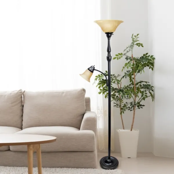 Floor Lamps-Kirkland's Home Matte Bronze And Amber Reading Arm Torchiere Tan