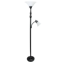 Floor Lamps-Kirkland's Home Matte Bronze And White Reading Arm Torchiere Brown