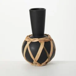 Vases-Kirkland's Home Matte Rattan Wrapped Vase Black