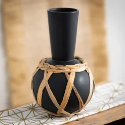 Vases-Kirkland's Home Matte Rattan Wrapped Vase Black