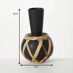 Vases-Kirkland's Home Matte Rattan Wrapped Vase Black