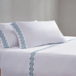 Bed Sheets-Kirkland's Home Medallion Hem Microfiber 4-Pc. Queen Sheet Set White/Blue