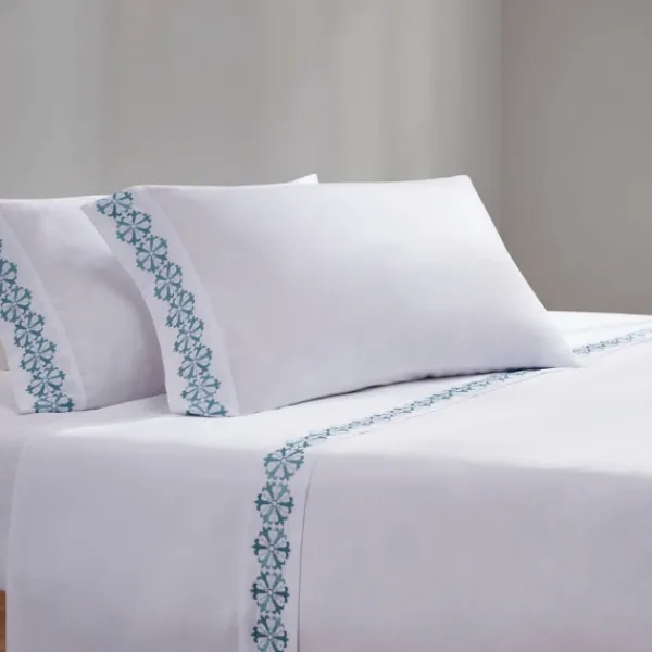 Bed Sheets-Kirkland's Home Medallion Hem Microfiber 4-Pc. Queen Sheet Set White/Blue