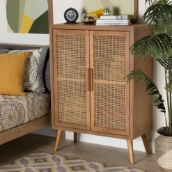 Cabinets & Sideboards-Kirkland's Home Medium Oak Rattan 2-Door Cabinet