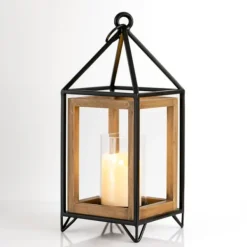 Lanterns-Kirkland's Home Metal And Wood House Frame Lantern, 16 In. Brown/Black