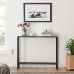 Console Tables-Kirkland's Home Metal Mirrored Top Slim Console Table Black