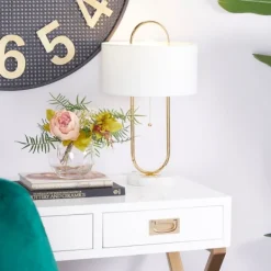 Table Lamps-Kirkland's Home Metal Open Loop Stem White Round Table Lamp Gold
