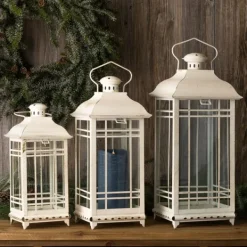 Lanterns-Kirkland's Home Metal Windowpane Lanterns, Set Of 3 White