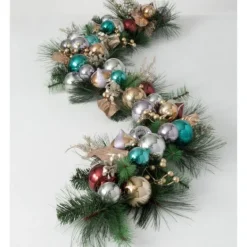 Arrangements & Greenery-Kirkland's Home Metallic Multicolor Ornaments And Berries Garland Green/Silver/Red/Gold/Blue