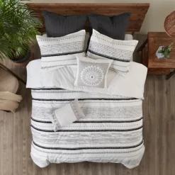 Comforters-Kirkland's Home Mia White Striped 3-Pc. King Comforter Set White/Black