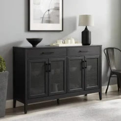 Cabinets & Sideboards-Kirkland's Home Micah Black Rattan Mesh Sideboard Cabinet