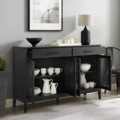 Cabinets & Sideboards-Kirkland's Home Micah Black Rattan Mesh Sideboard Cabinet