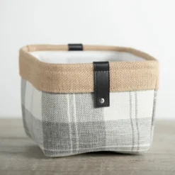 Baskets & Boxes-Kirkland's Home Mini Gray Plaid Bin With Leather Accent Gray/Tan/White