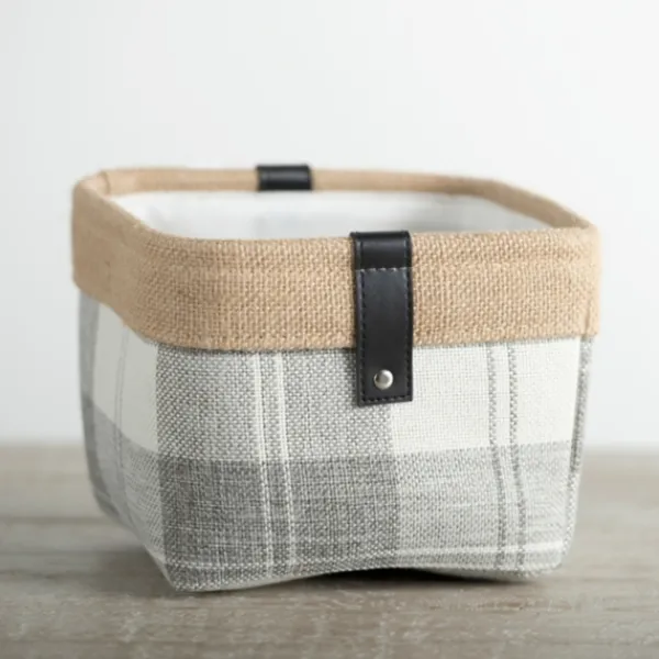Baskets & Boxes-Kirkland's Home Mini Gray Plaid Bin With Leather Accent Gray/Tan/White