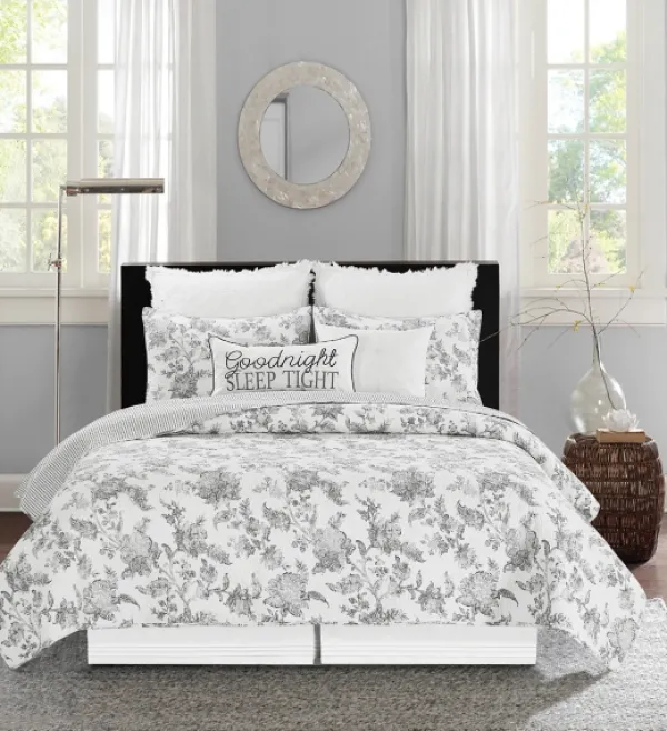 Quilts-Kirkland's Home Miriam Floral & Stripe 3-Pc. Full/Queen Quilt Set Gray/White