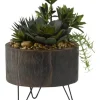 Trees & Topiaries-Kirkland's Home Mixed Greenery Arrangement In Round Wooden Planter