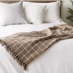 Blankets & Throws-Kirkland's Home Mocha Plaid Fringed Throw Brown