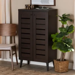 Entryway Furniture-Kirkland's Home Mocha Tall Slatted Shoe Storage Cabinet Brown