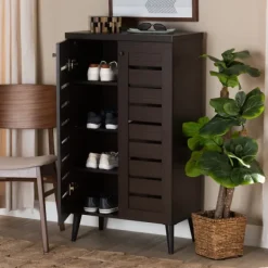 Entryway Furniture-Kirkland's Home Mocha Tall Slatted Shoe Storage Cabinet Brown