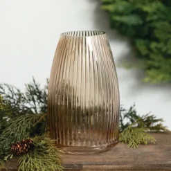 Vases-Kirkland's Home Modern Amber Ribbed Glass Vase Brown