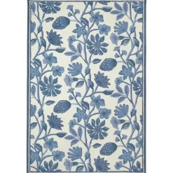 Outdoor Rugs-Kirkland's Home Modern Blue Floral Vines Outdoor Area Rug, 5X7 Blue/Ivory