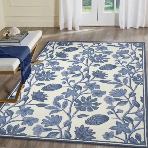 Outdoor Rugs-Kirkland's Home Modern Blue Floral Vines Outdoor Area Rug, 5X7 Blue/Ivory