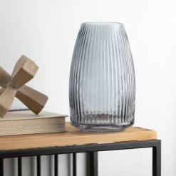 Vases-Kirkland's Home Modern Ribbed Glass Vase Gray
