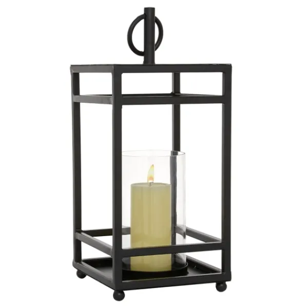 Lanterns-Kirkland's Home Modern Vintage Iron Framed Lantern, 18 In. Black