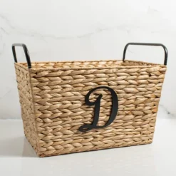 Baskets & Boxes-Kirkland's Home Monogram D Woven Rat Metal Handle Basket Tan