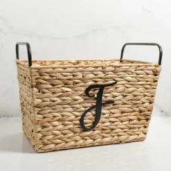 Baskets & Boxes-Kirkland's Home Monogram F Woven Rat Metal Handle Basket Tan