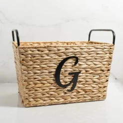 Baskets & Boxes-Kirkland's Home Monogram G Woven Rat Metal Handle Basket Tan