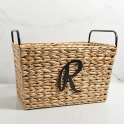 Baskets & Boxes-Kirkland's Home Monogram R Woven Rat Metal Handle Basket Tan