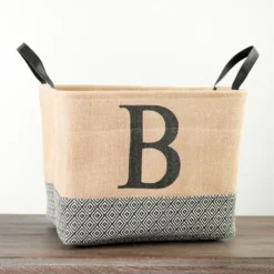 Baskets & Boxes-Kirkland's Home Monogrammed B Black Diamond Jute Storage Bin Tan/Black