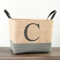 Baskets & Boxes-Kirkland's Home Monogrammed C Black Diamond Jute Storage Bin Tan/Black