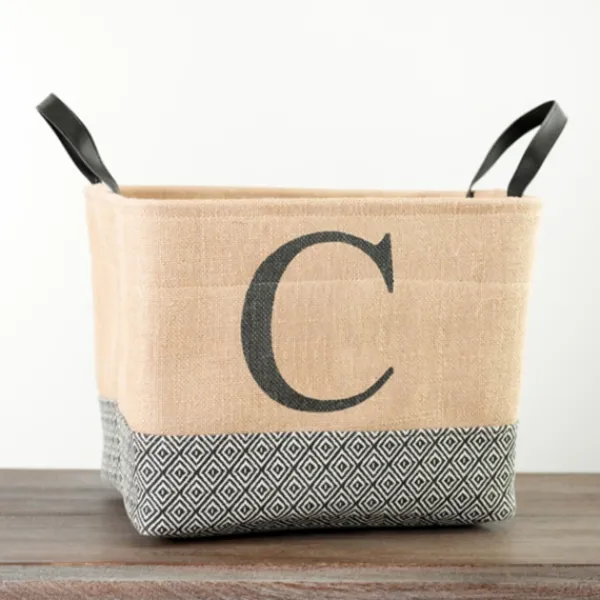Baskets & Boxes-Kirkland's Home Monogrammed C Black Diamond Jute Storage Bin Tan/Black