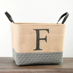 Baskets & Boxes-Kirkland's Home Monogrammed F Black Diamond Jute Storage Bin Tan/Black