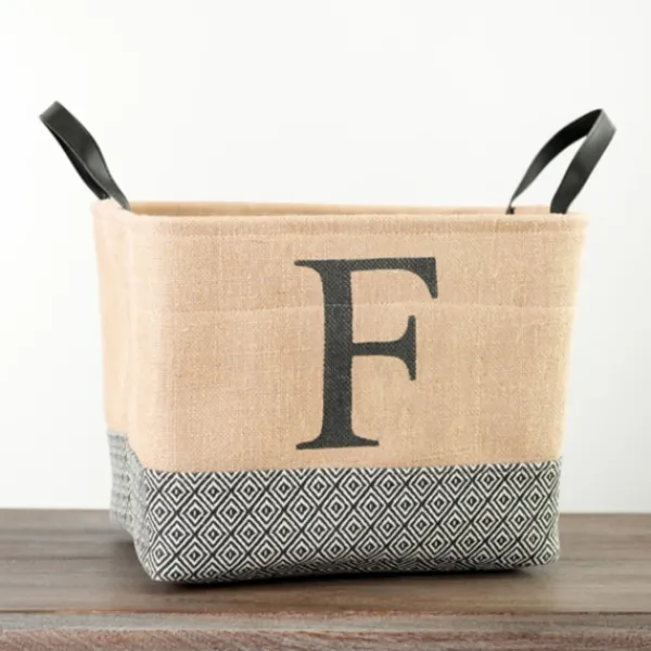 Baskets & Boxes-Kirkland's Home Monogrammed F Black Diamond Jute Storage Bin Tan/Black