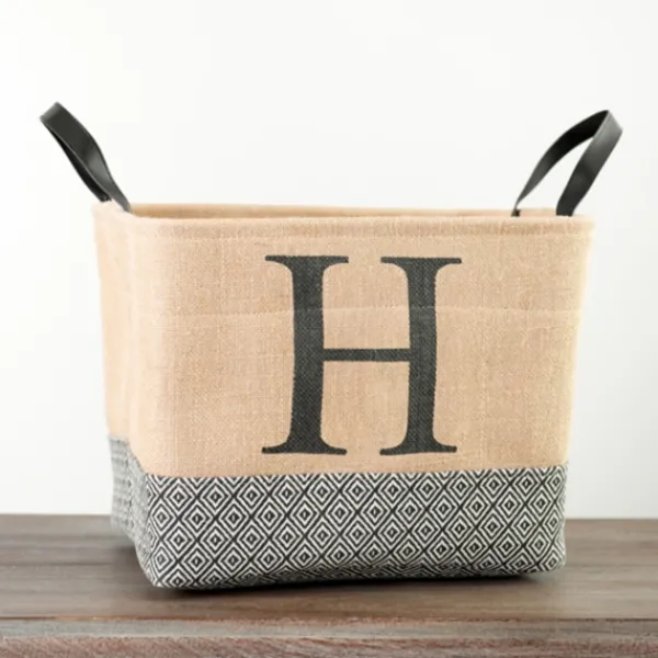 Baskets & Boxes-Kirkland's Home Monogrammed H Black Diamond Jute Storage Bin Tan/Black