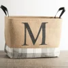 Baskets & Boxes-Kirkland's Home Monogrammed M Gray Plaid Leather Handle Jute Bin Tan