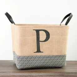 Baskets & Boxes-Kirkland's Home Monogrammed P Black Diamond Jute Storage Bin Tan/Black