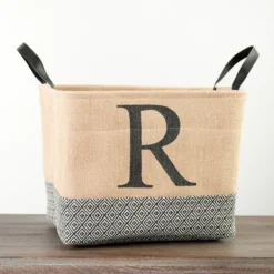Baskets & Boxes-Kirkland's Home Monogrammed R Black Diamond Jute Storage Bin Tan/Black