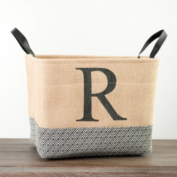 Baskets & Boxes-Kirkland's Home Monogrammed R Black Diamond Jute Storage Bin Tan/Black