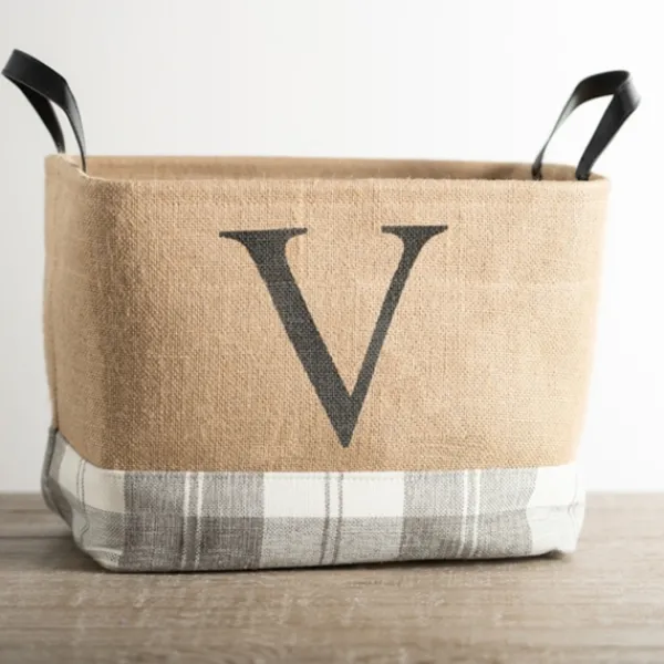 Baskets & Boxes-Kirkland's Home Monogrammed V Gray Plaid Leather Handle Jute Bin Tan