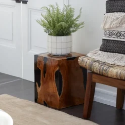 Accent & End Tables-Kirkland's Home Natural Abstract Teak Wood Grain Accent Table Brown