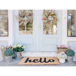 Doormats-Kirkland's Home Natural And Black Coir Hello Doormat, 36X24 In. Tan/Black